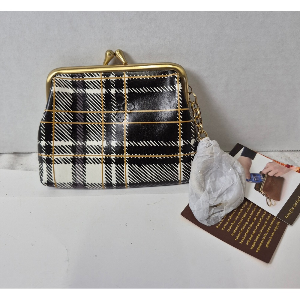 Patricia Nash LRG Borse Coin Purse Black White Plaid Leather Kiss Lock A199481